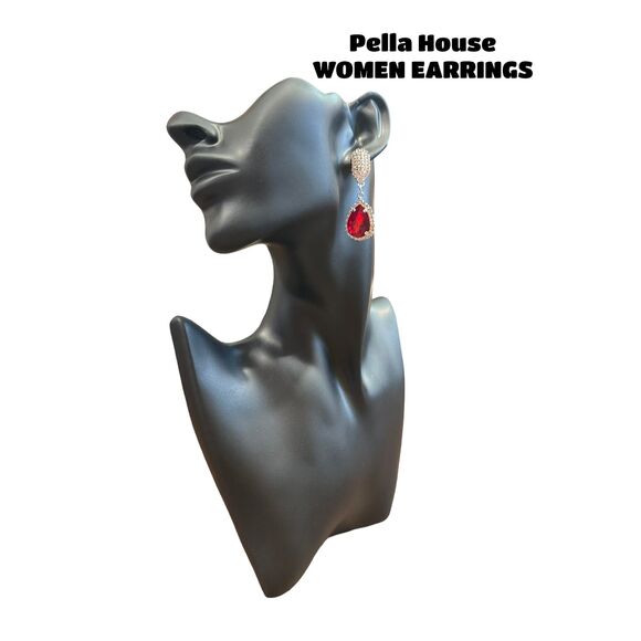 Silver Tone Gatsby Flapper Peacock Zircon Rhinestone Pear Earrings Red - Picture 2 of 4